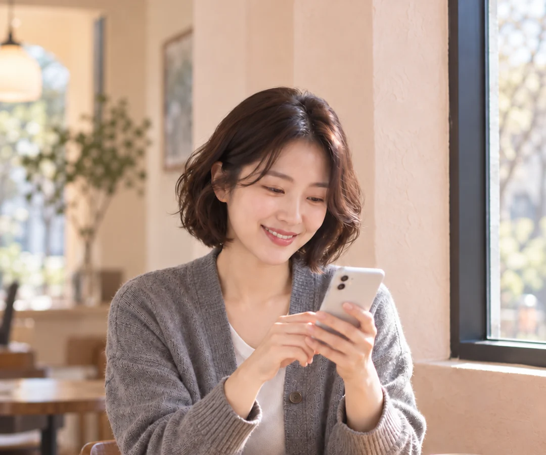 밝은 상담실에서 휴대전화로 문자 상담을 하며 웃는 고객